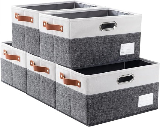 PRANDOM Larger Foldable Storage Bins with Handles [5-Pack] Fabric Collapsible Storage Boxes Baskets Cubes Containers with Handles for Closet Living Room Bedroom (Grey & White 17.3x12.2x10.4')