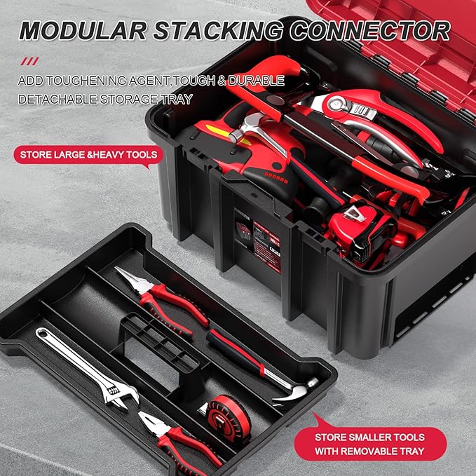3-in-1 Rolling Tool Box with Wheels,Stackable Modular Tool Organizer System,17" Portable Waterproof Toolbox on Wheels for Garage,Mechanics and Home Repair (Red-Black)