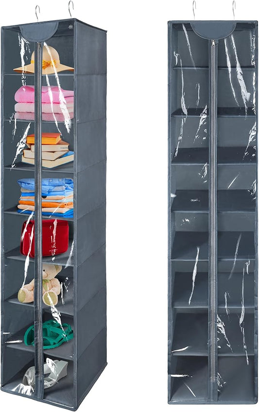 Libeder Hanging Closet Organizer, 8-Shelf Wardrobe Clothes Storage Organizer with Zipper,Hanging Shelves for Sweater,Shoes,Purse,Hats,Gray