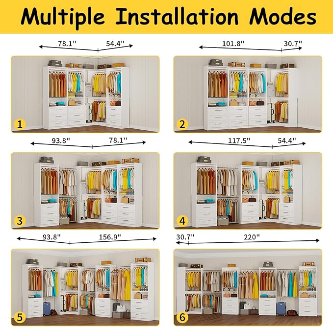 Closet System with 9 Drawers, Corner Closet Organizer System with 9 Hanging Rods Walk in Wooden Modular Closet Storage System L-Shaped 4 Sets, 2800+ Lbs Capacity White
