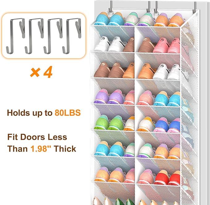 UVIAHOMI 30 Pairs Over the Door Shoe Organizer, Breathable Mesh Pocket Hanging Shoe Storage for Closet, 10-Tier Door Shoes Rack, Handing Shoes Holder Fit All the Family's Sneakers, Boots, Heels, White
