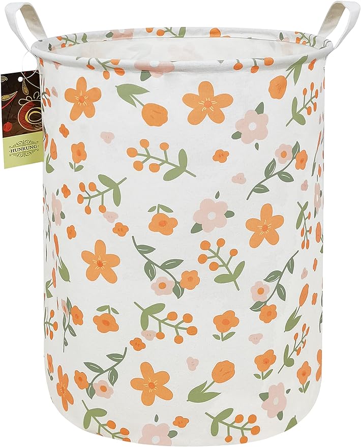 HUNRUNG Collapsible Fabric Storage Basket, Waterproof Laundry Hamper with Handles, Round Storage Bin for Clothes Toys, Foldable Organizer for Bedroom Nursery Bathroom(Round-Orange Flower)