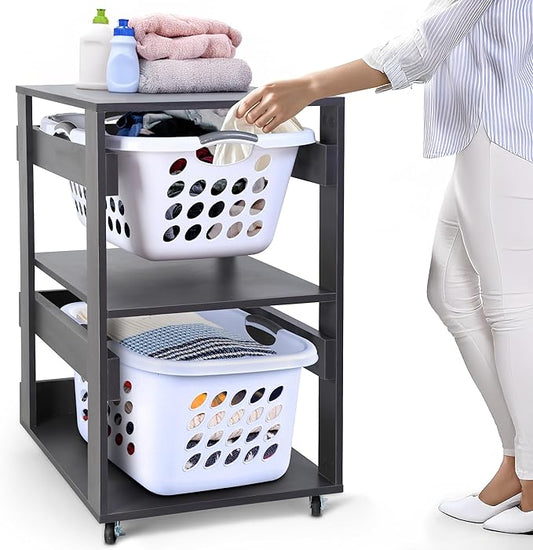 Laundry Basket Holder Shelf (2-Tier) - Stackable Engineered Wood Laundry Tower with Wheels, Tiered Laundry Hamper Organizer for Bathroom, Bedroom