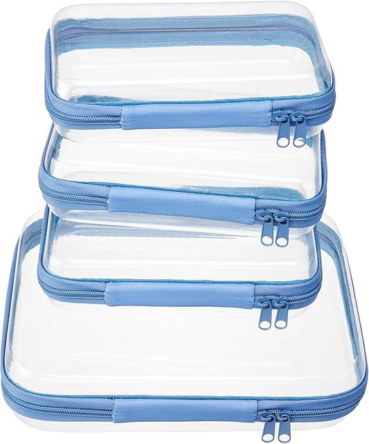 4 pcs Clear Zipper Pouches,Hard Shell Zipper Case, Toiletry Bag for Travel, CLear Diaper Bag, Toiletry Pouch, Travel Organizer, Cosmetic Bag,Toy Storage Bins (M+3S) (Blue)