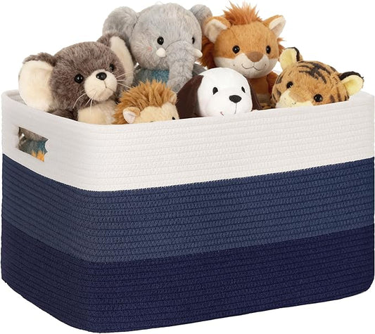 72L Large Laundry Basket with Leather Handles for Living Room Storage, Woven Rope Baskets Bin for Blanket, Kids Toy, Gifts, Wicker Hamper for Bedroom Dirty Clothes, 22"x17"x12" Gradient Blue