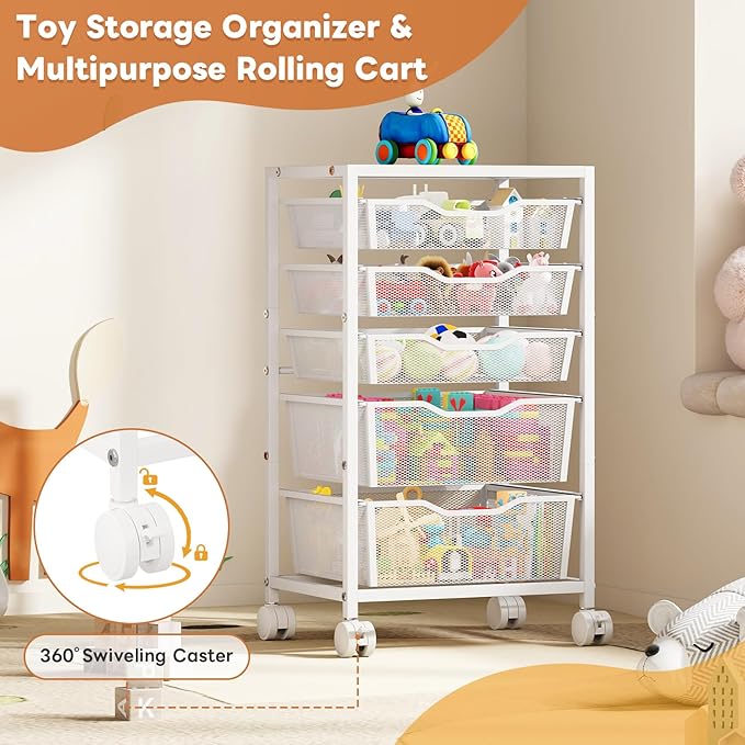 Sbanmao Rolling Storage Cart with 5 Drawers, Metal Utility Cart with Lockable Wheels, Craft Storage Art Cart, Rolling Drawer Cart for Living Room, Bedroom, Bathroom, Office, Home, White