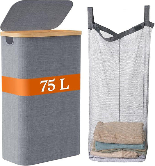 Laundry Basket with Lid, 75L Laundry Hamper with Removable Bag, Travel Dirty Clothes Basket with Bamboo Handles for Bathroom, Bedroom & Laundry Room, Grey