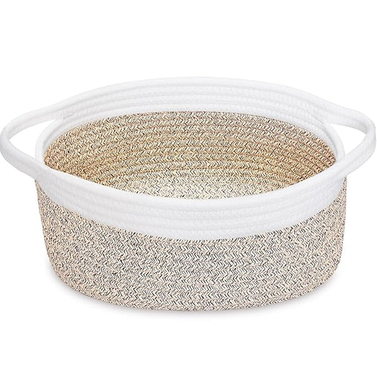 ABenkle Small Woven Basket, 12" x 8" x 5" - Cute Storage Basket with Handles for Room, Cat & Dog Toys, Gift Box