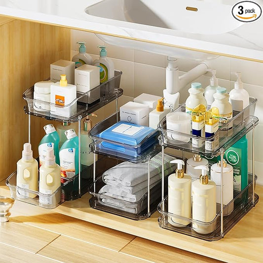 Delamu 2-Tier Under Sink Organizers and Storage, Multi-Purpose Stackable Bathroom Cabinet organizers, Pull Out Kitchen Pantry Organization and Storage with Dividers(3 Pack, Grey)