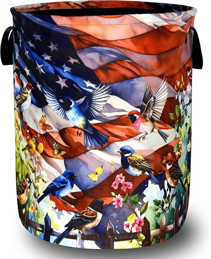 Colorful Bird Laundry Basket Foldable American Flag Garden Birds Laundry Hamper With Handle Portable Oxford Cloth Clothes Storage Basket Laundry Bag 18.9"x16.5" For Laundry Room/Bedroom/Bathrooms