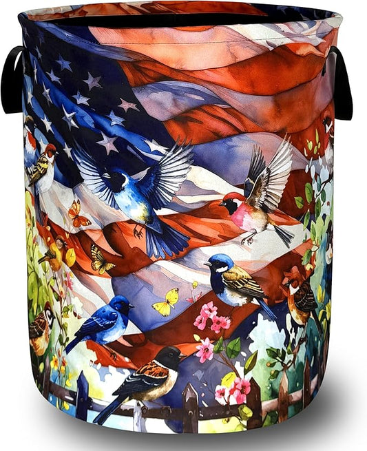 Colorful Bird Laundry Basket Foldable American Flag Garden Birds Laundry Hamper With Handle Portable Oxford Cloth Clothes Storage Basket Laundry Bag 18.9"x16.5" For Laundry Room/Bedroom/Bathrooms