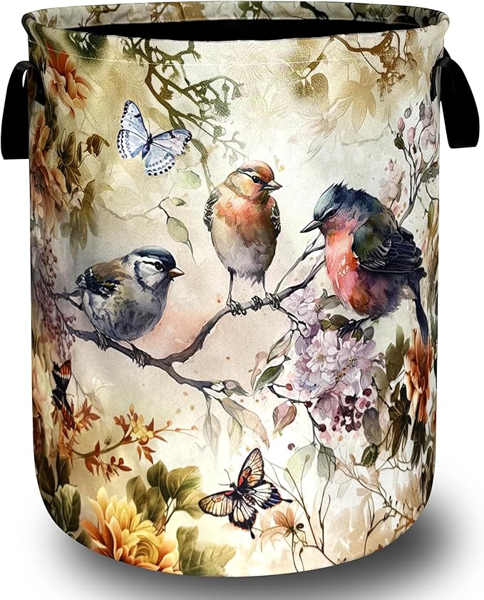 Vintage Floral Birds Laundry Basket Foldable Bird Laundry Hamper With Handle Portable Oxford Cloth Clothes Storage Basket Colorful Laundry Bag 18.9"x16.5" For Laundry Room/Bedroom/Bathrooms
