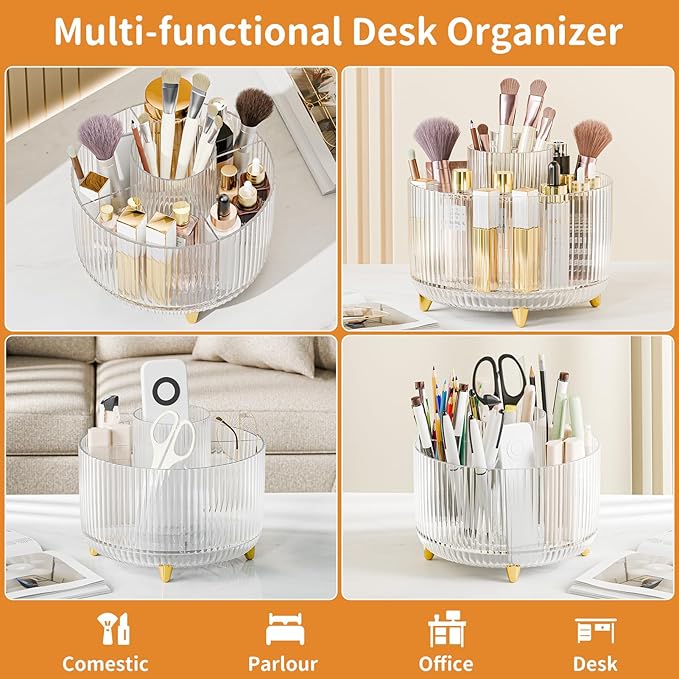 Clear Rotating Makeup Organizer Countertop for Vanity, 360° Makeup Brush Holder Organizer with 5 Compartments, Transparent Cosmetic Storage for Lipstick, Skincare, Bathroom Counter(Transparent)