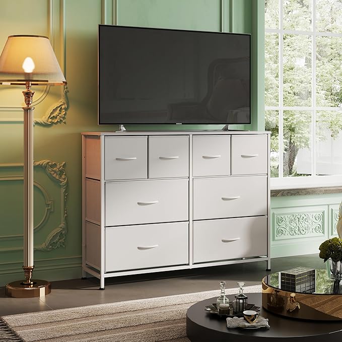 WLIVE Dresser for Bedroom with 8 Drawers, Wide Fabric Dresser for Storage and Organization, Bedroom Dressers, Chest of Drawers for Living Room, Closet, Hallway, White