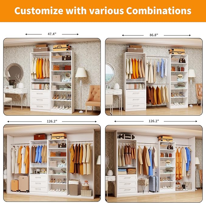 Closet System with 2 Sets, 4FT-10FT Closet Organizer Systems with 3 Wooden Drawers 7 Shelves & 3 Hanging Rods, Walk in Closet freestanding Corner Modular Closet Storage System White (4FT)