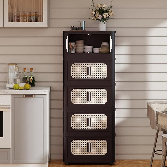 5 Tiers Folding Storage Cabinet,20" Side Wide Stackable Storage Bins with Doors and Wheels, Space Saving Plastic Cabinet for Living Room, Office, Dorm, Retro Brown