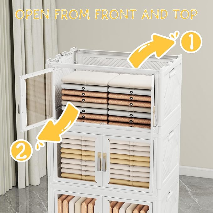 UAMFURI Stackable Storage Bins with Doors & Lids & Wheels, Foldable Collapsible Closet Organizers, Large Storage Cabinet for Bedroom Dorm (4, L)