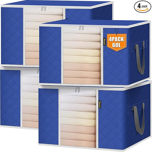 BALEINE 4 Pack Clothes Storage Bags, 16 Gallon Storage Containers with Reinforced Handle, Sturdy Zipper, Closet Organizer for Blanket, Comforter, Pillow, Bedding (Blue, 4 Pack)