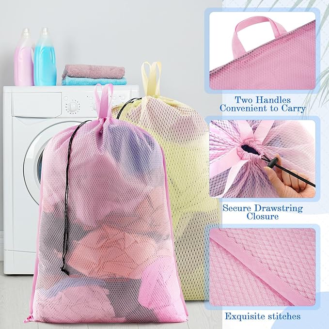 6 Pack 24 x 36 Inches Colorful Soft Mesh Laundry Bag with Handles Machine Washable Secure Drawstring Closure Large Sturdy Mesh Net Laundry for College Travel Dorm Laundromat