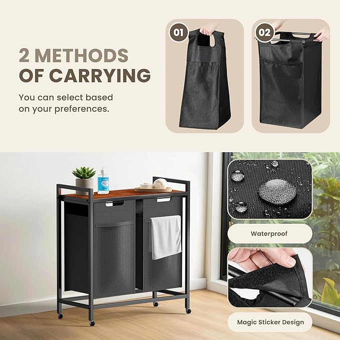 Simple Deluxe Laundry Hamper with Shelf & 2 Pull-Out Bags, Metal Frame, Dirty Clothes Laundry Sorter, Laundry Basket Organizer for Bathroom, Bedroom, Dorm, 2×11.2 Gal (85L)