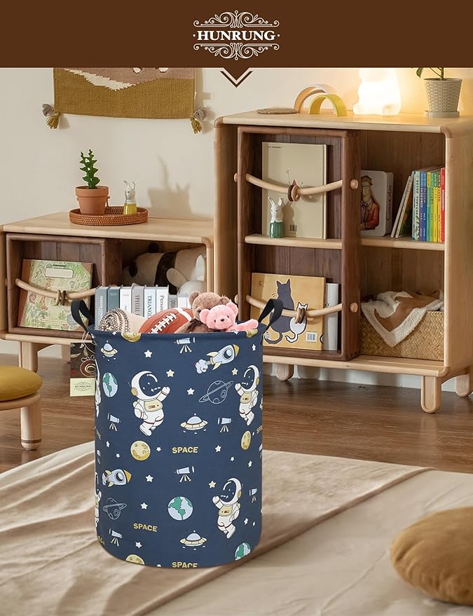 HUNRUNG Collapsible Fabric Storage Basket, Waterproof Laundry Hamper with Handles, Round Storage Bin for Clothes Toys, Foldable Organizer for Bedroom Nursery Bathroom(Round-Blue Space Astronaut)