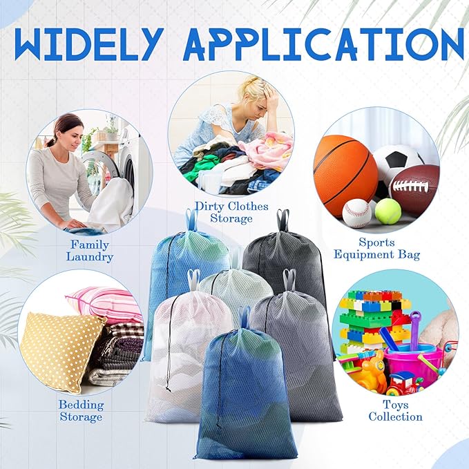 6 Pack 24 x 36 Inches Blue Soft Mesh Laundry Bag with Handles Machine Washable Secure Drawstring Closure Large Sturdy Mesh Net Laundry for College Travel Dorm Laundromat