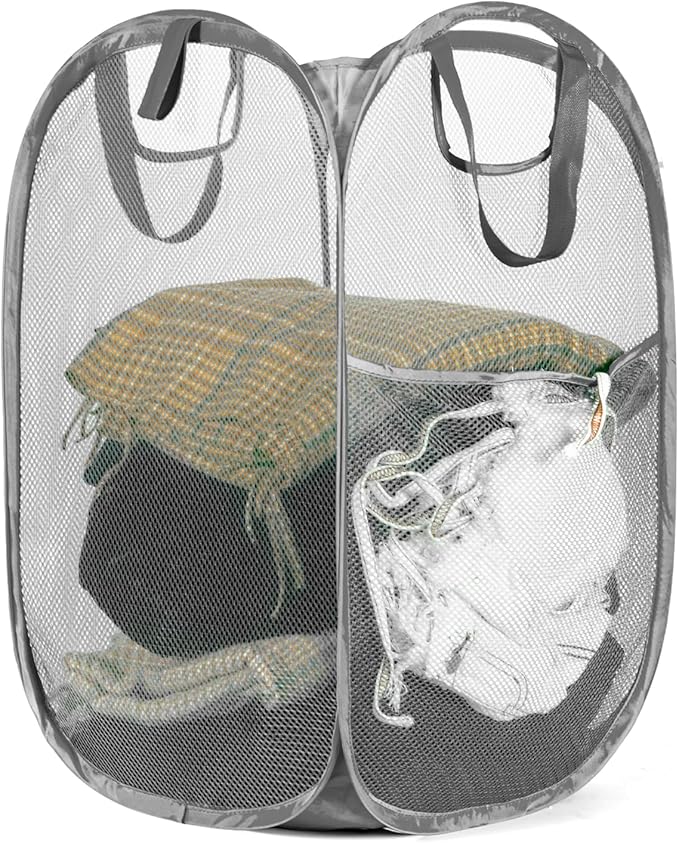 Strong Mesh Pop-up Laundry Hamper,HOUSE AGAIN Quality Pop Up Hampers for Laundry with Durable Handles Solid Bottom High Carbon Steel Frame, Easy to Open and Fold for Storage(Grey)