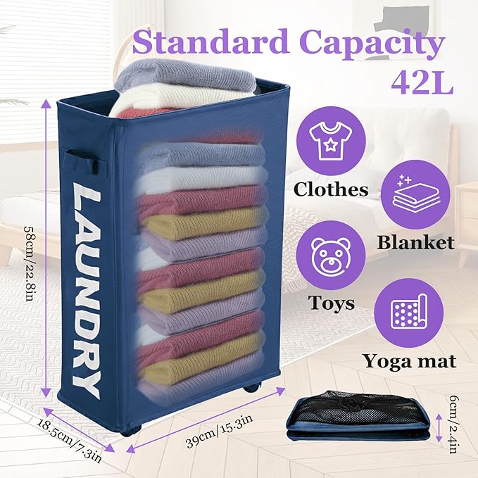 Narrow Laundry Basket with Wheels, 42L Slim Rolling Laundry Hamper with Brake, Collapsible Dirty Clothes Hamper with Mesh Cover & Handle, Storage Bin for Dorm, RV, Small Spaces, Navy Blue