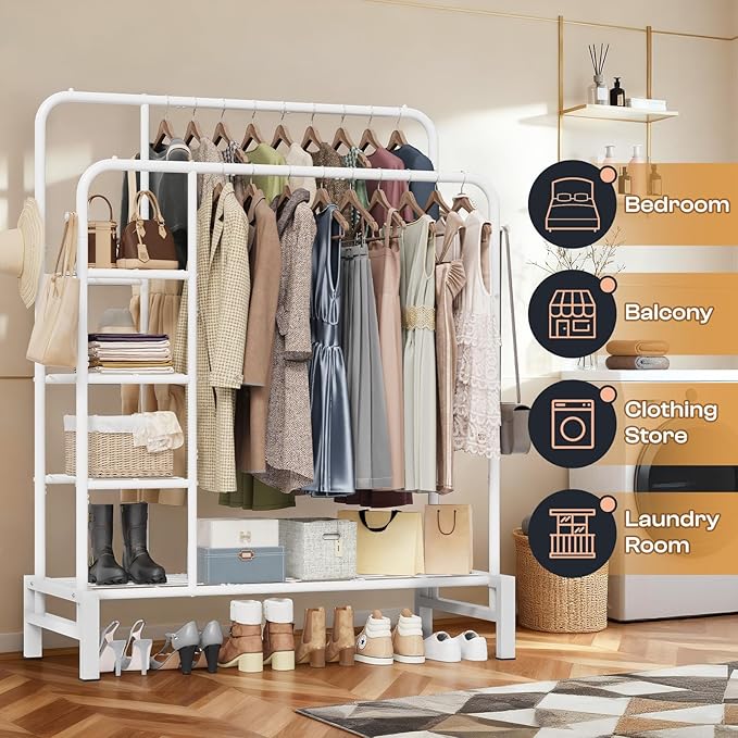 Clothes Rack for Hanging Clothes, Double Rods Clothing Rack with 3 Tier Storage Shelves, Multifunctional Heavy Duty Clothes Rack with Hooks for Bedroom, Laundry, Wardrobe Closet, White