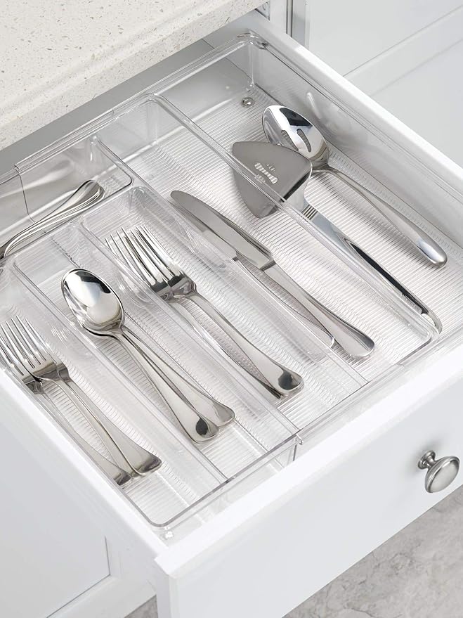 iDesign Linus Expandable Kitchen Drawer Organizer for Silverware, Spatulas, Gadgets - Clear