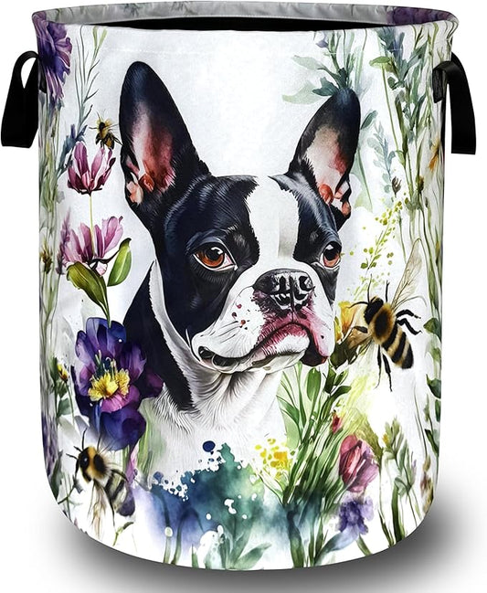 Dog Laundry Basket Foldable Pet Bees Flowers Laundry Hamper With Handle Portable Oxford Cloth Clothes Storage Basket Dogs Laundry Bag 18.9"x16.5" For Laundry Room/Bedroom/Bathrooms
