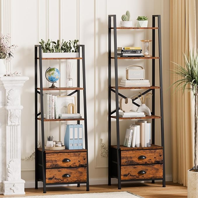 Furologee 5-Tier Ladder Shelf with 2 Drawers,Narrow Bookshelf Storage Shelves,Industrial Bookcase Freestanding Rack Units for Bedroom,Living Room,Bathroom,Home Office,Balcony,Wood Metal,Rustic Brown
