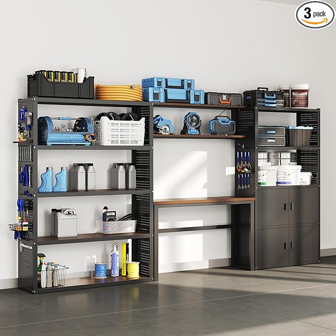 FLEXIMOUNTS Garage Storage Cabinet System, 3-in-1 Modular Metal Tool Cabinet w/ Workbench and Particle Board Shelf Includes Pegboard, 24-Gauge Steel, 129"(L) w/ 2 Doors, Black, FLEXIMOD Series
