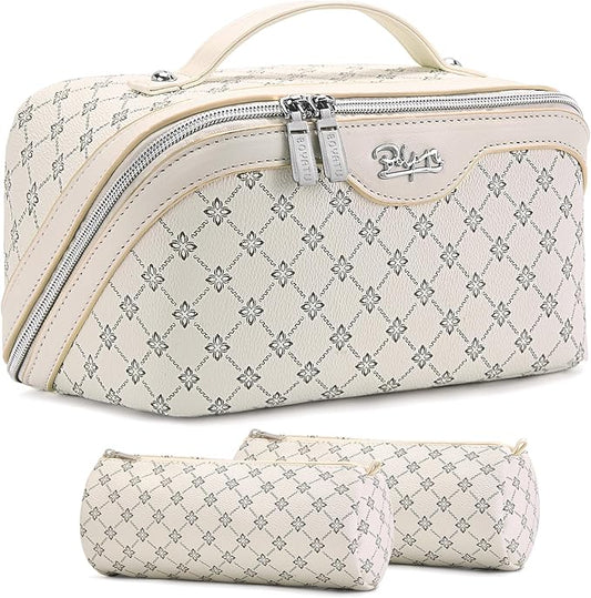 BOYATU Travel Makeup Bag Cosmetic Bags for Women: 3 Pcs Set Large Capacity Make up Bag with Handle - Vegan Leather Toiletry Bags with Compartments - Makeup Organizer for Travel Essentials(A-8-White)