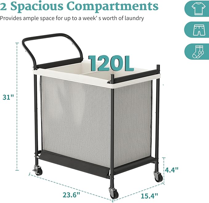 Laundry Hamper with Wheels - 2 Section Laundry Basket 120L, Removable Washable Bags, Height-Fitted Rolling Laundry Cart for Laundry Room & Bedroom