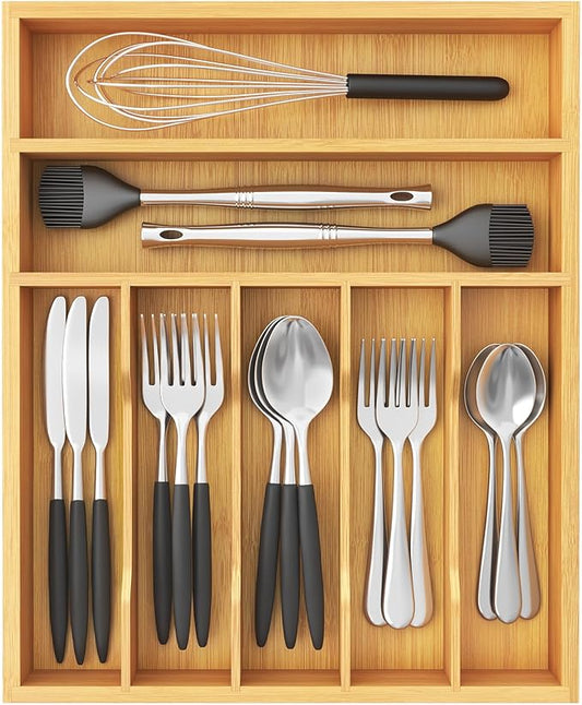 Lifewit Silverware Drawer Organizer, Utensil Tray for Kitchen, Flatware and Cutlery Holder, Storage for Spoons Forks Knives, 33 x 42cm, Natural