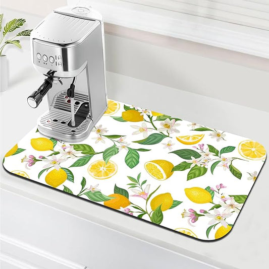 Lemon Floral Coffee Drying Mat 12" x 19", Non-Slip Absorbent Quick-Dry Mat, Coffee Station Accessory for Countertop Protection Decor