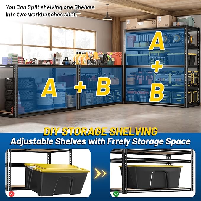 ROOMFAVE 40" W Storage Shelves 5 Tier Garage Shelving Heavy Duty,2350LBS Adjustable Metal Shelving Unit, Garage Shelves for Basement, Warehouse, Pantry, Closet, Kitchen 72.1" H x 40" W x 20" D, Black