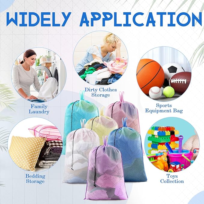 6 Pack 24 x 36 Inches Colorful Soft Mesh Laundry Bag with Handles Machine Washable Secure Drawstring Closure Large Sturdy Mesh Net Laundry for College Travel Dorm Laundromat