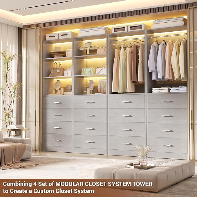 Aheaplus Closet Drawers Organizer System, 21.3" Wood Closet System with 4 Drawers, Modular Walk-in Closets Storage Unit, Tall Bookshelf Storage Cabinet, Grey