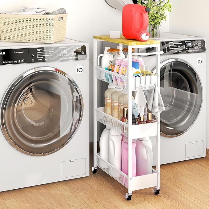 Vincona Slim Storage Cart on Wheels, 4 Tier Metal Narrow Rolling Cart with Handle and Wood Top, Multifunctional Small Mobile Shelf Unit Organizer Trolley for Laundry, Bathroom, Kitchen