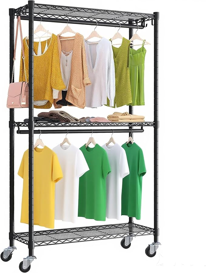 Higeego Rolling Clothing Rack for Hanging Clothes Heavy Duty Garment Rack with Wheels Metal Adjustable Shelves & Double Hanging Rods H2 Portable Closet for Bedroom, Black Coat Rack