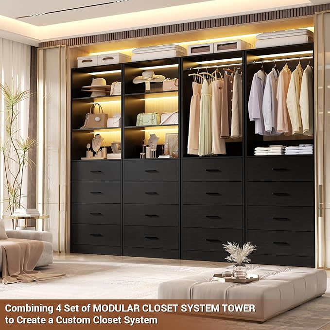 Aheaplus Closet Drawers Organizer System, 21.3" Wood Closet System with 4 Drawers, Modular Walk-in Closets Storage Unit, Tall Bookshelf Storage Cabinet, Black