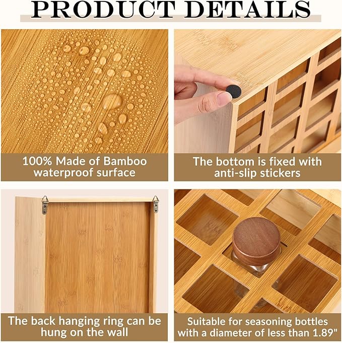Novabright 16 Grids Bamboo Spice Rack Organizer, Wooden Spice Rack Wall Mount with Square Compartments, Wood Hanging Shelf for 4 oz Glass Jar Drawer Cabinet Kitchen Countertop Wall