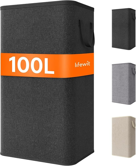 Lifewit 100L Large Tall Laundry Hamper, Collapsible Laundry Basket with Handles, Foldable Clothes Hampers for Laundry, Portable Dirty Clothes Hamper for Dorm College Bedroom Bathroom, Black