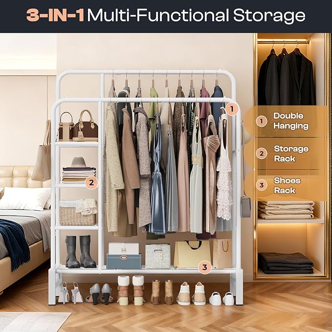 Clothes Rack for Hanging Clothes, Double Rods Clothing Rack with 3 Tier Storage Shelves, Multifunctional Heavy Duty Clothes Rack with Hooks for Bedroom, Laundry, Wardrobe Closet, White