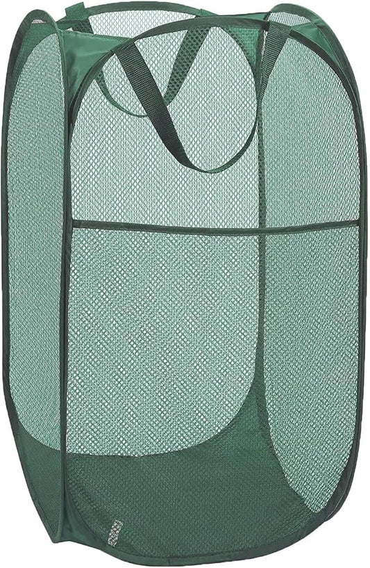 Pop Up Laundry Basket, Collapsible Mesh Laundry Hamper, Vertical Popup Hamper for Laundry, Spacing Saving Storage Basket for Bedroom, Hotel, Cruise, Green
