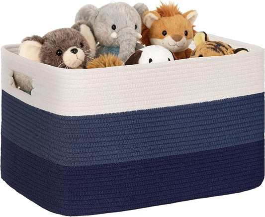 86L Extra Large Laundry Basket with Leather Handles for Living Room Storage, Woven Rope Baskets for Blanket, Kids Toy, Gifts, Wicker Hamper for Bedroom Dirty Clothes, 24"x16"x14" Gradient Blue