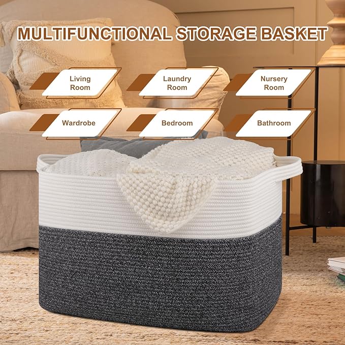 OIASKET XXXL Supre Large Blanket Basket for Clothes, Towels, Pillows, 108L Cotton Rope Storage Basket for Living Room, Supre Large Woven Toy Storage for Kids, 25" x 16" x 16", Dark Grey and White
