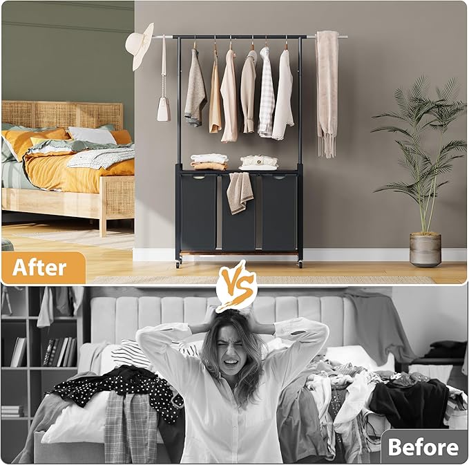 3-Section Laundry Sorter with Shelf, Rolling Laundry Basket with Hanging Rack and Wheels, Heavy Duty Laundry Hamper Rack for Laundry Room, Bedroom, Bathroom, Black